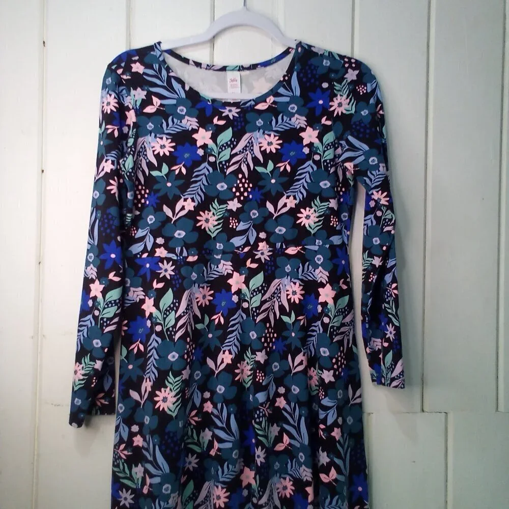 Justice Dress Girls 14 Plus Long Sleeve Floral Pattern Black Blue